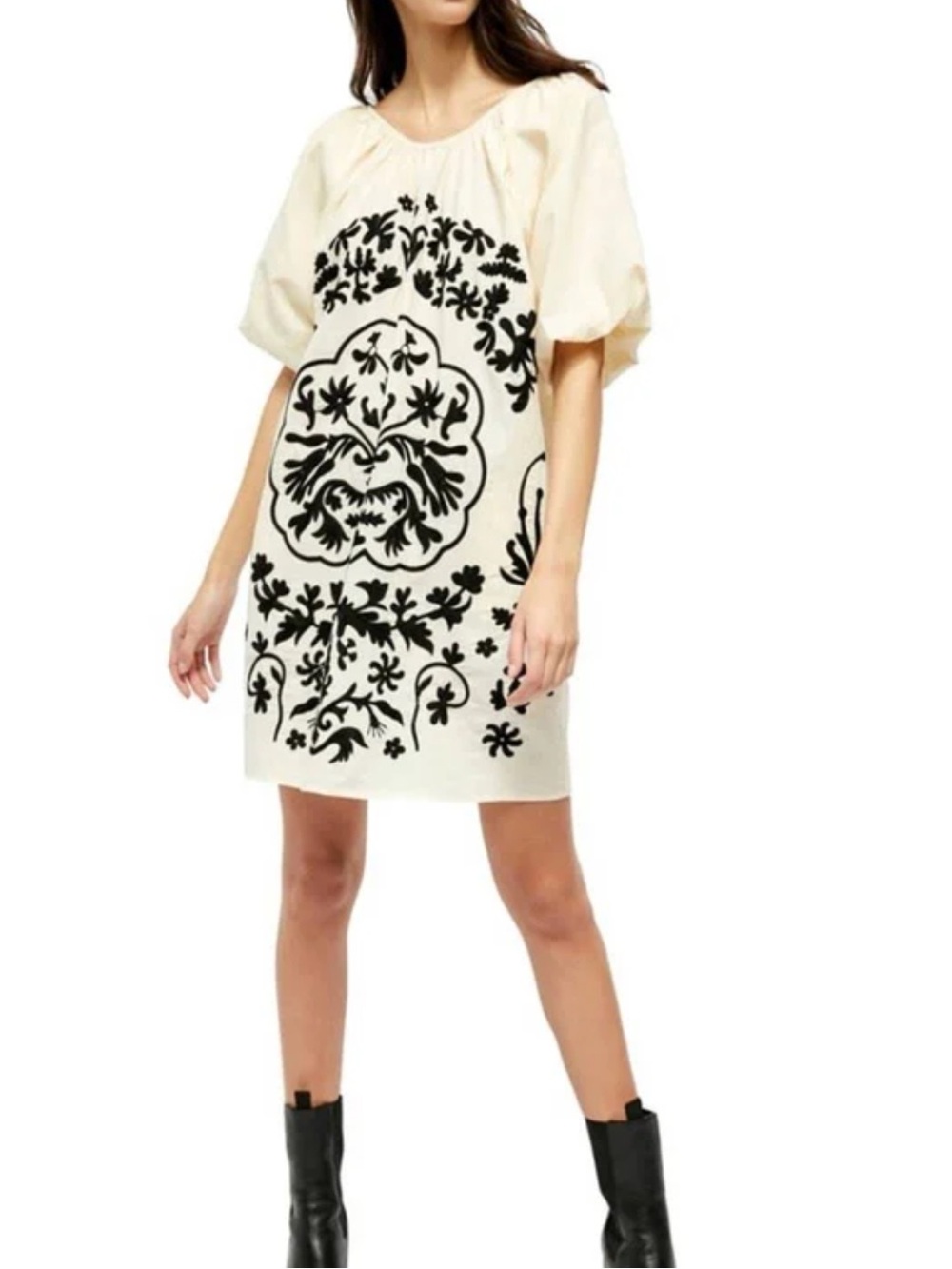 Free People Cream & Black Fiona Embroidered Bubble Sleeve Mini Dress Size XSmall